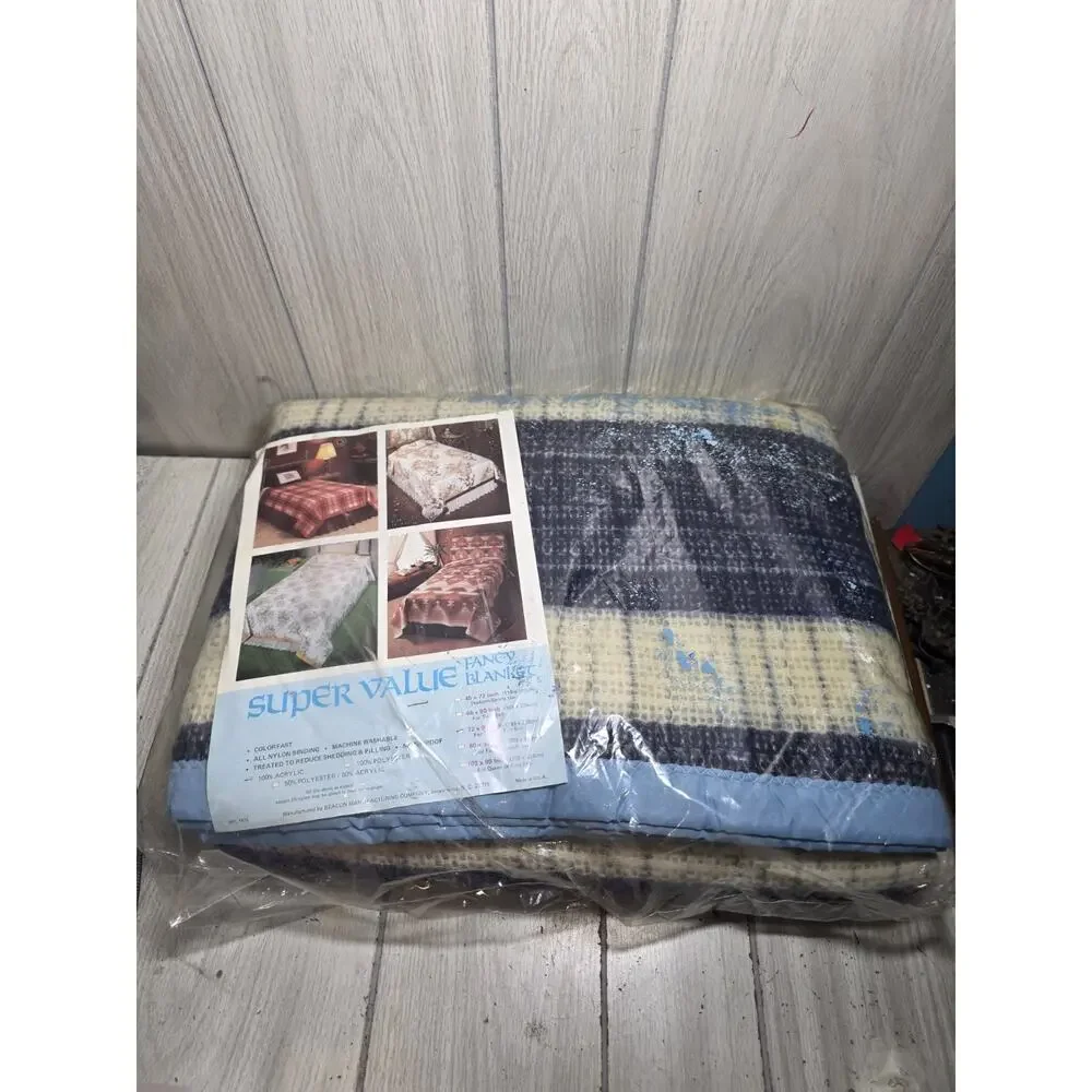 Vtg Super Value by Beacon Satin Trim Blanket Twin/Full Blue White Plaid USA NOS